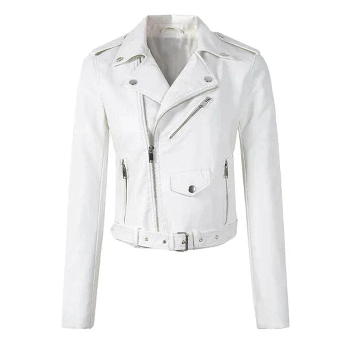 Women's Fitted Leather Jacket in Biker Style in White