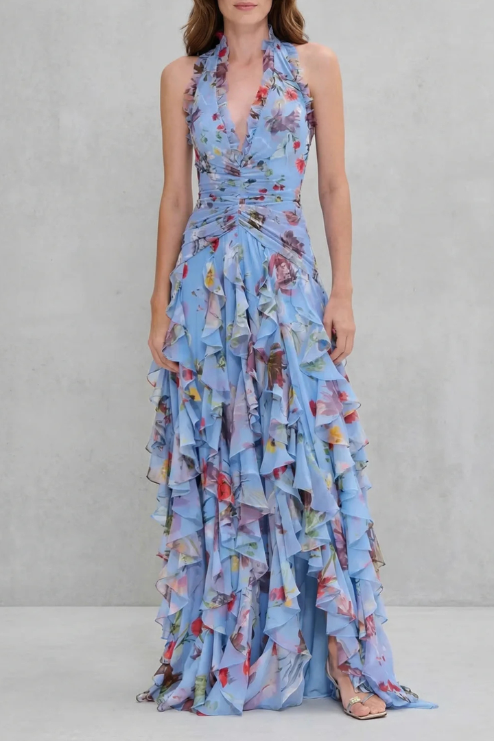 Women's Floral Halter Maxi Dress in Blue