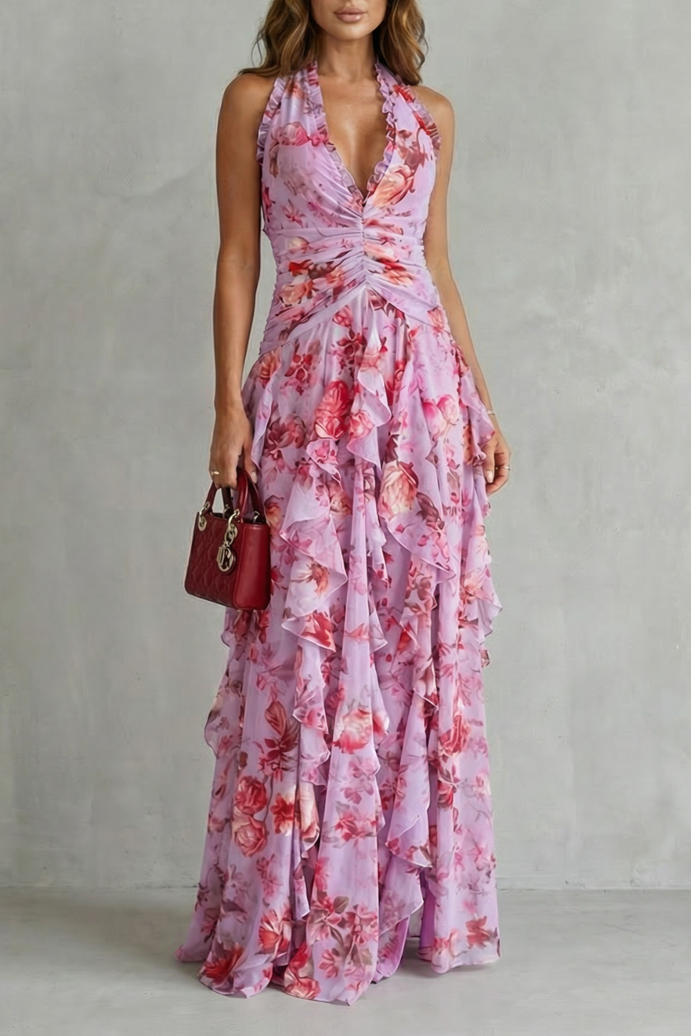 Women's Floral Halter Maxi Dress in Pink