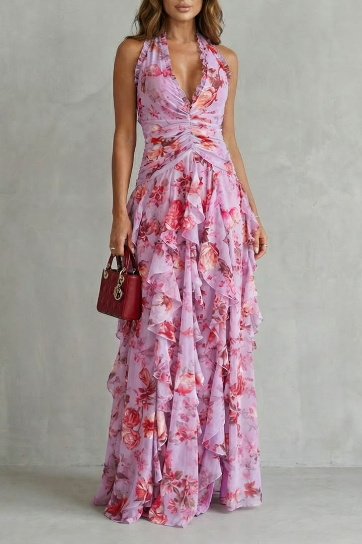 Women's Floral Halter Maxi Dress in Pink