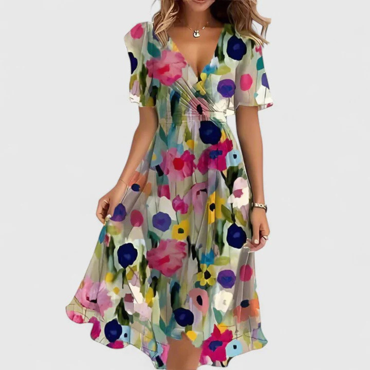 Women's Floral Midi Summer Dress for Weddings in Beige Floral