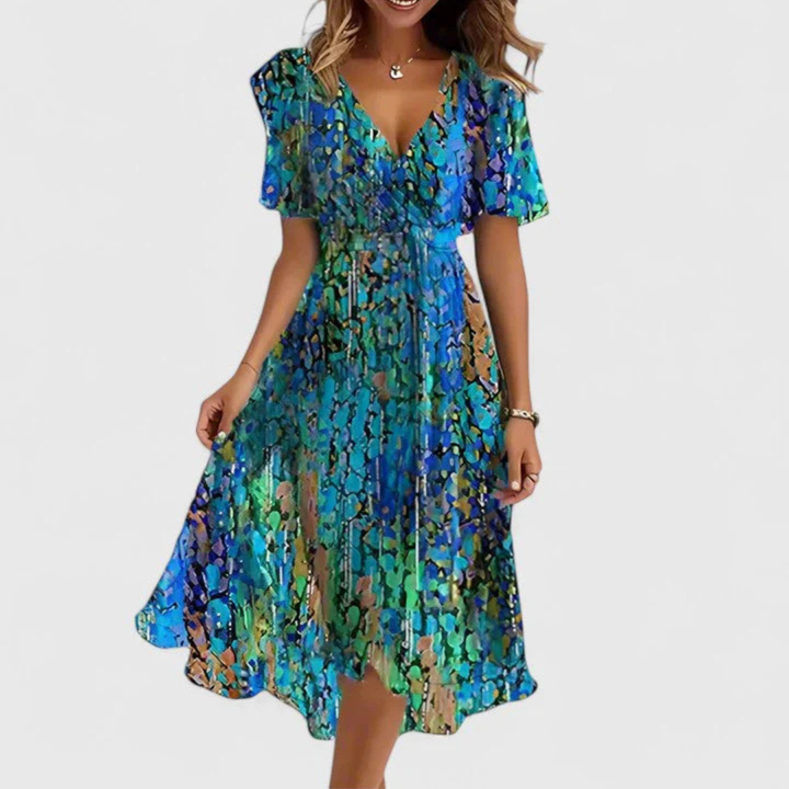 Women's Floral Midi Summer Dress for Weddings in Blue