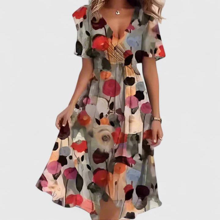 Women's Floral Midi Summer Dress for Weddings in Brown Floral