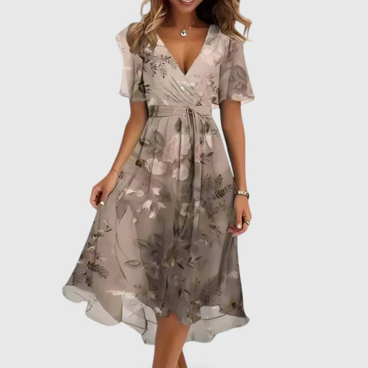 Women's Floral Midi Summer Dress for Weddings in Light Brown