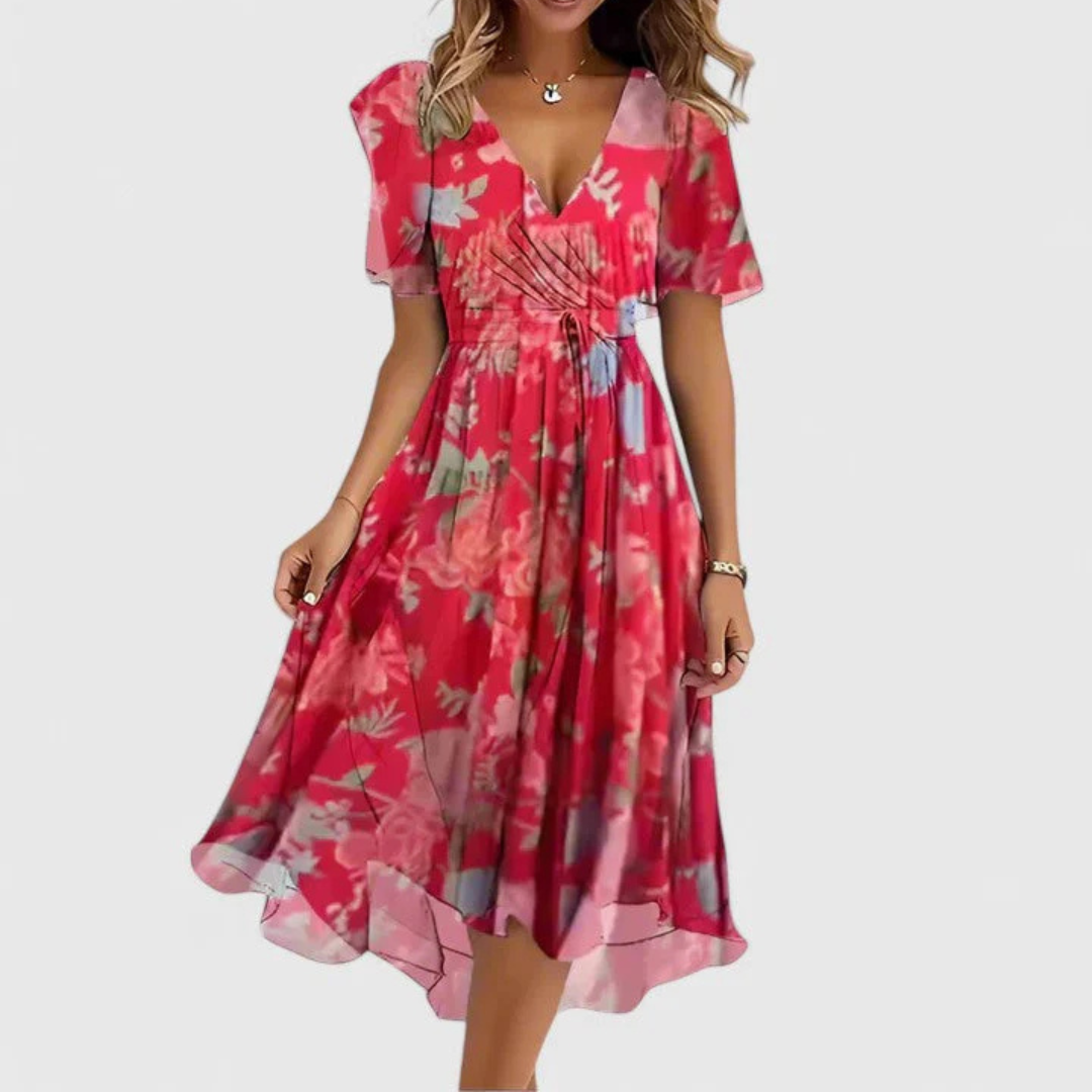 Women's Floral Midi Summer Dress for Weddings in Red