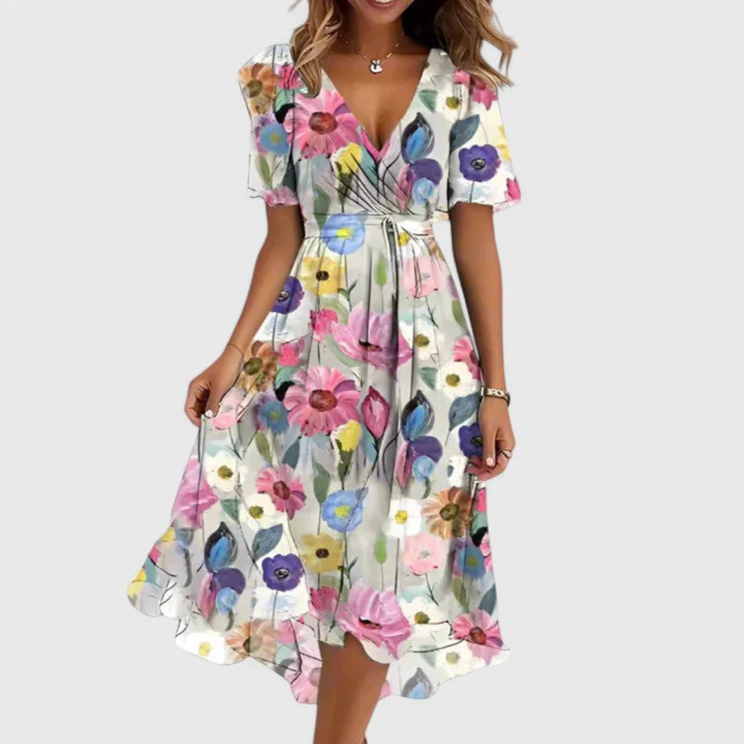 Women's Floral Midi Summer Dress for Weddings in White Floral