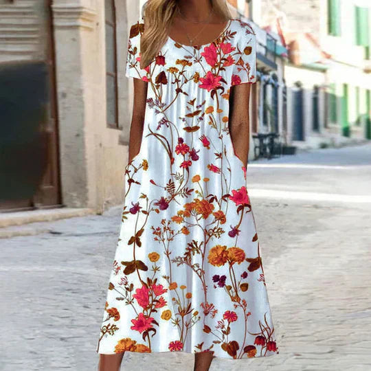 Women's Floral Midi Summer Dress in Red
