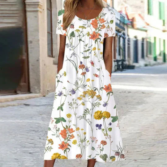 Women's Floral Midi Summer Dress in White