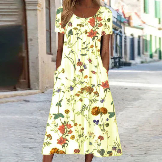 Women's Floral Midi Summer Dress in Yellow