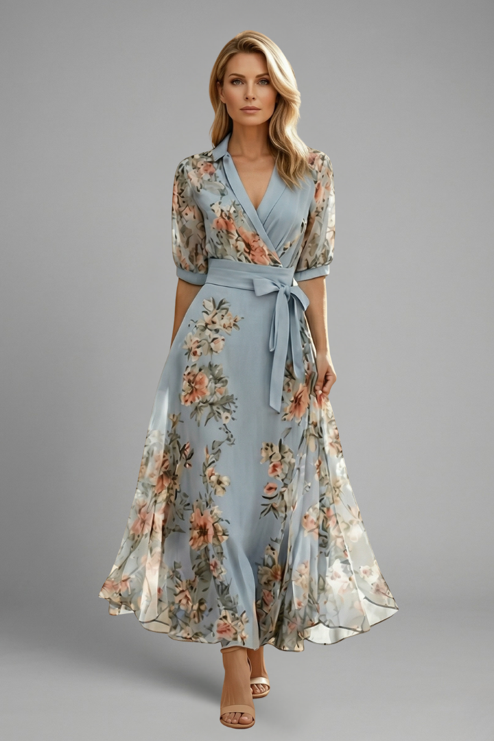 Women's Floral Midi Wedding Guest Dress for Summer in Blue