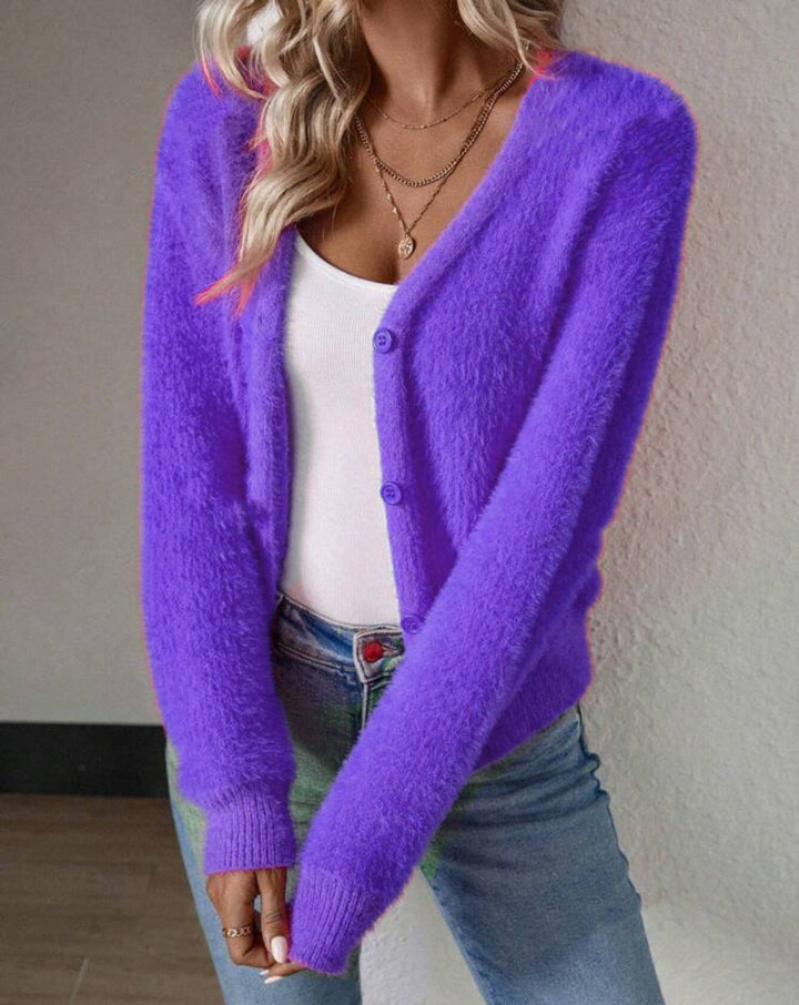 Women's Fluffy Knitted Dress Cardigan for Autumn in Lilac