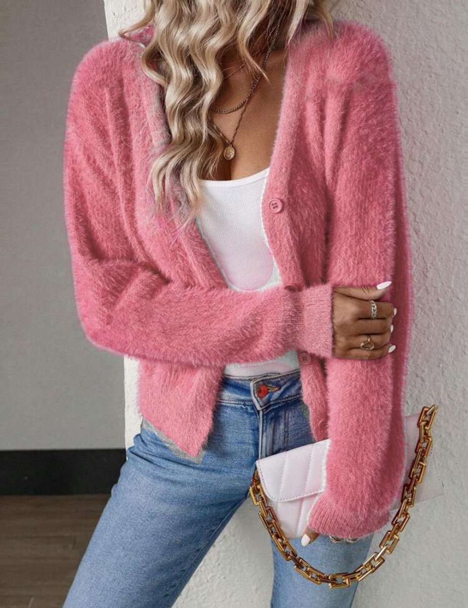 Women's Fluffy Knitted Dress Cardigan for Autumn in Pink