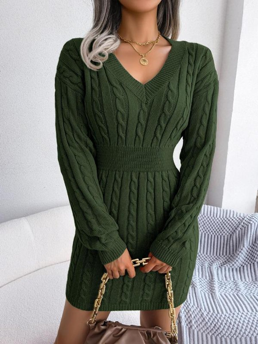 Women's Formal Long Sleeve Knitted Dress in Armeegrün
