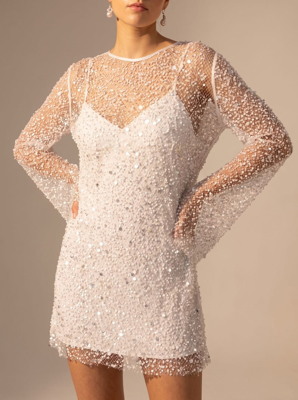 Women's Glitter Christmas Party Dress with Mesh in White