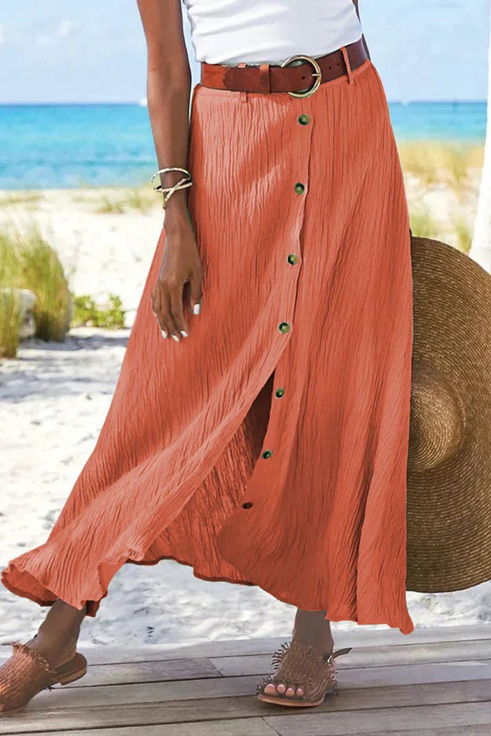 Women's High-Waist Linen Maxi Skirt for Summer in Mandarin Red