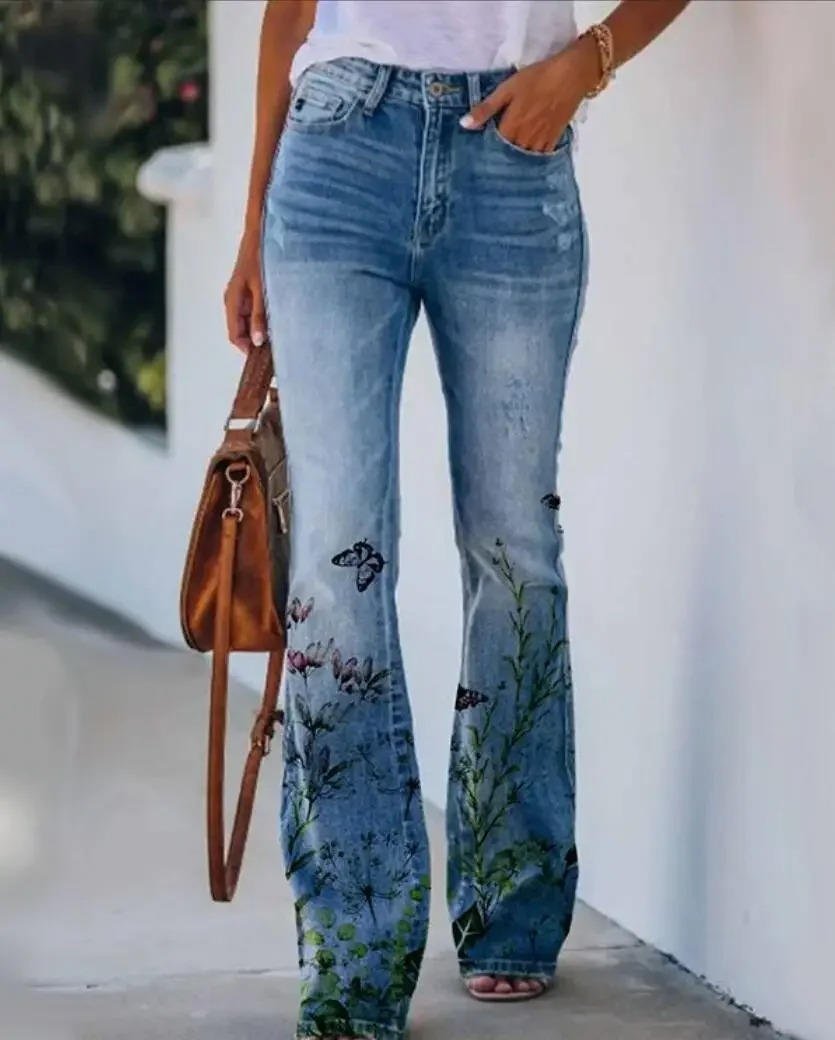 Women's High-Waist Retro Floral Wide Leg Jeans in Blue 1