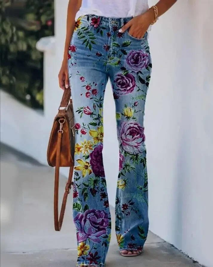 Women's High-Waist Retro Floral Wide Leg Jeans in Blue 3