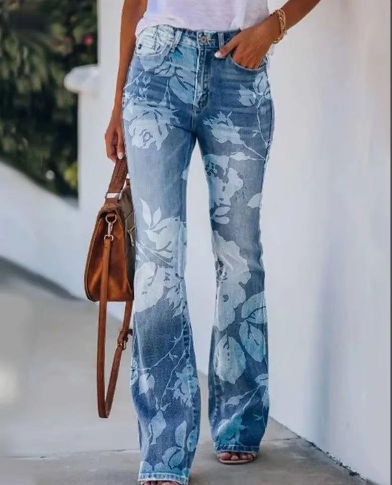 Women's High-Waist Retro Floral Wide Leg Jeans in Blue 5