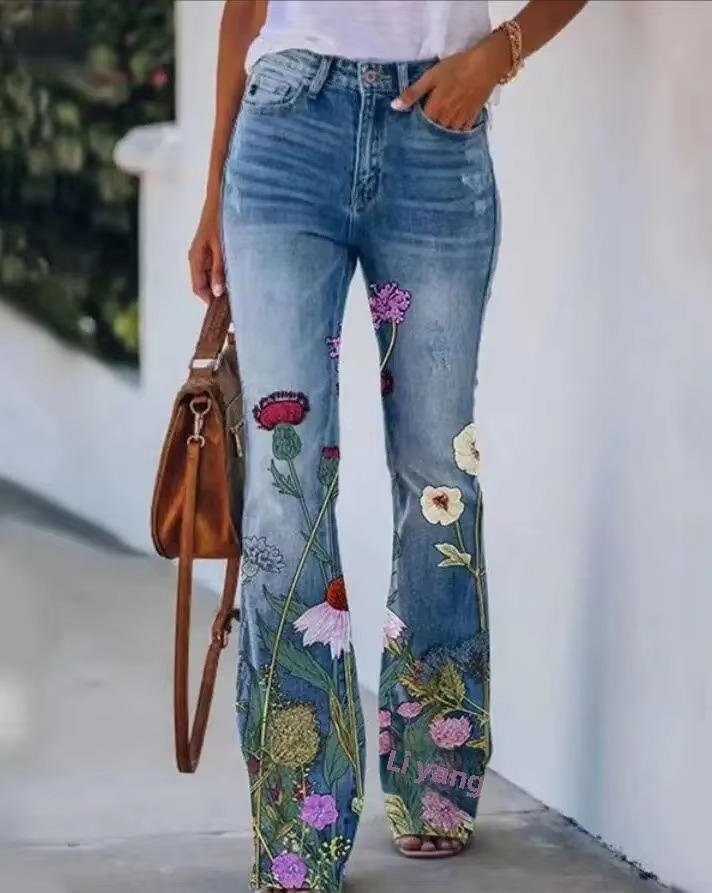 Women's High-Waist Retro Floral Wide Leg Jeans in Blue 6