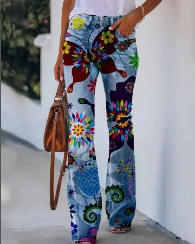 Women's High-Waist Retro Floral Wide Leg Jeans in Blue 8