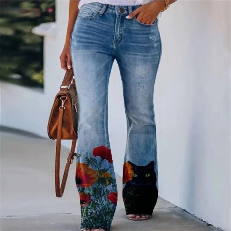 Women's High-Waist Retro Floral Wide Leg Jeans in Blue 9