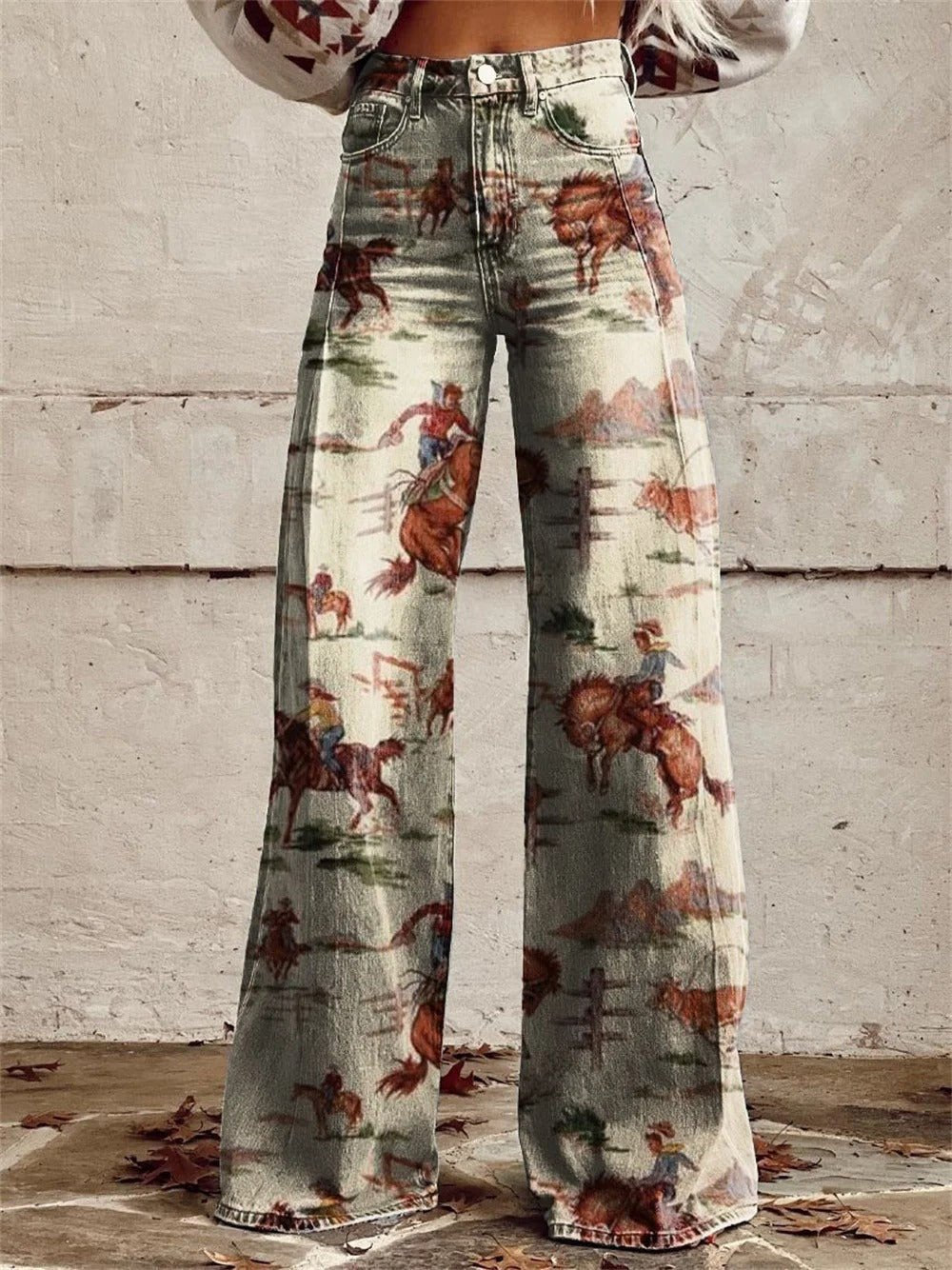 Women's High-Waist Wide Leg Jeans, Western Print in Beige