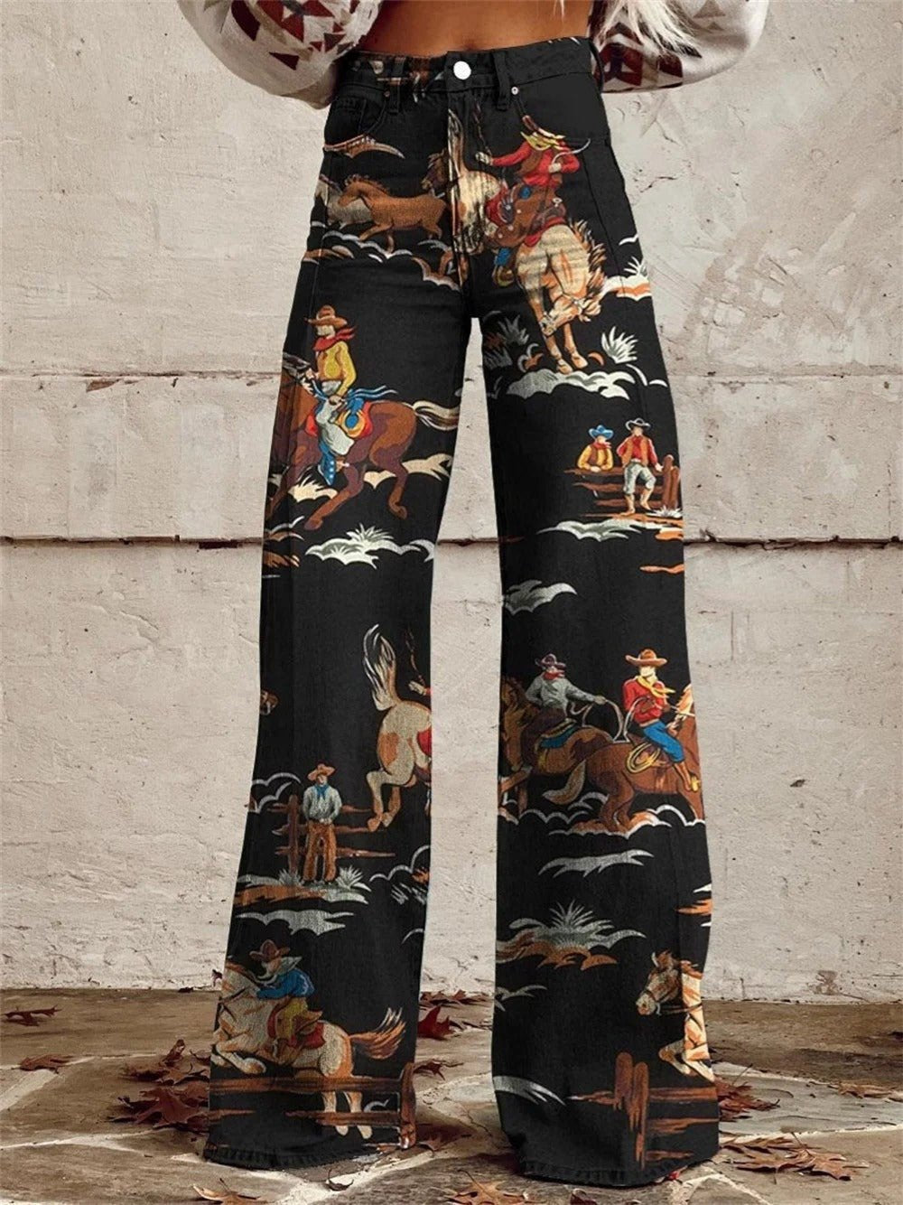 Women's High-Waist Wide Leg Jeans, Western Print in Black
