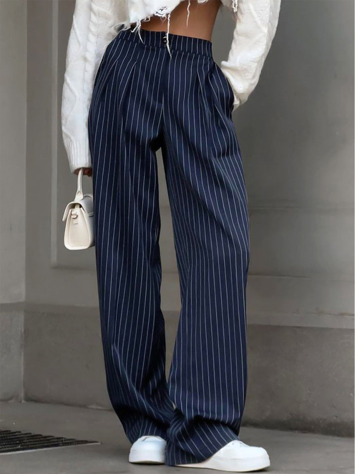 Women's High-Waisted Wide Leg Pants in Pinstripe in Navy