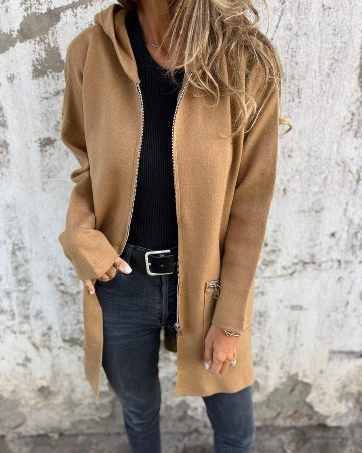 Women's Hooded Cardigan with Long Sleeves in Brown