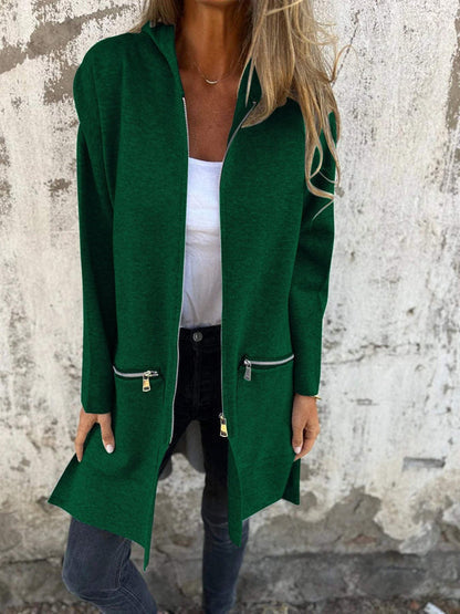 Women's Hooded Cardigan with Long Sleeves in Dark Green