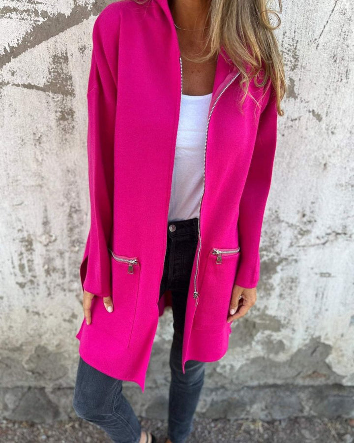 Women's Hooded Cardigan with Long Sleeves in Dark Pink