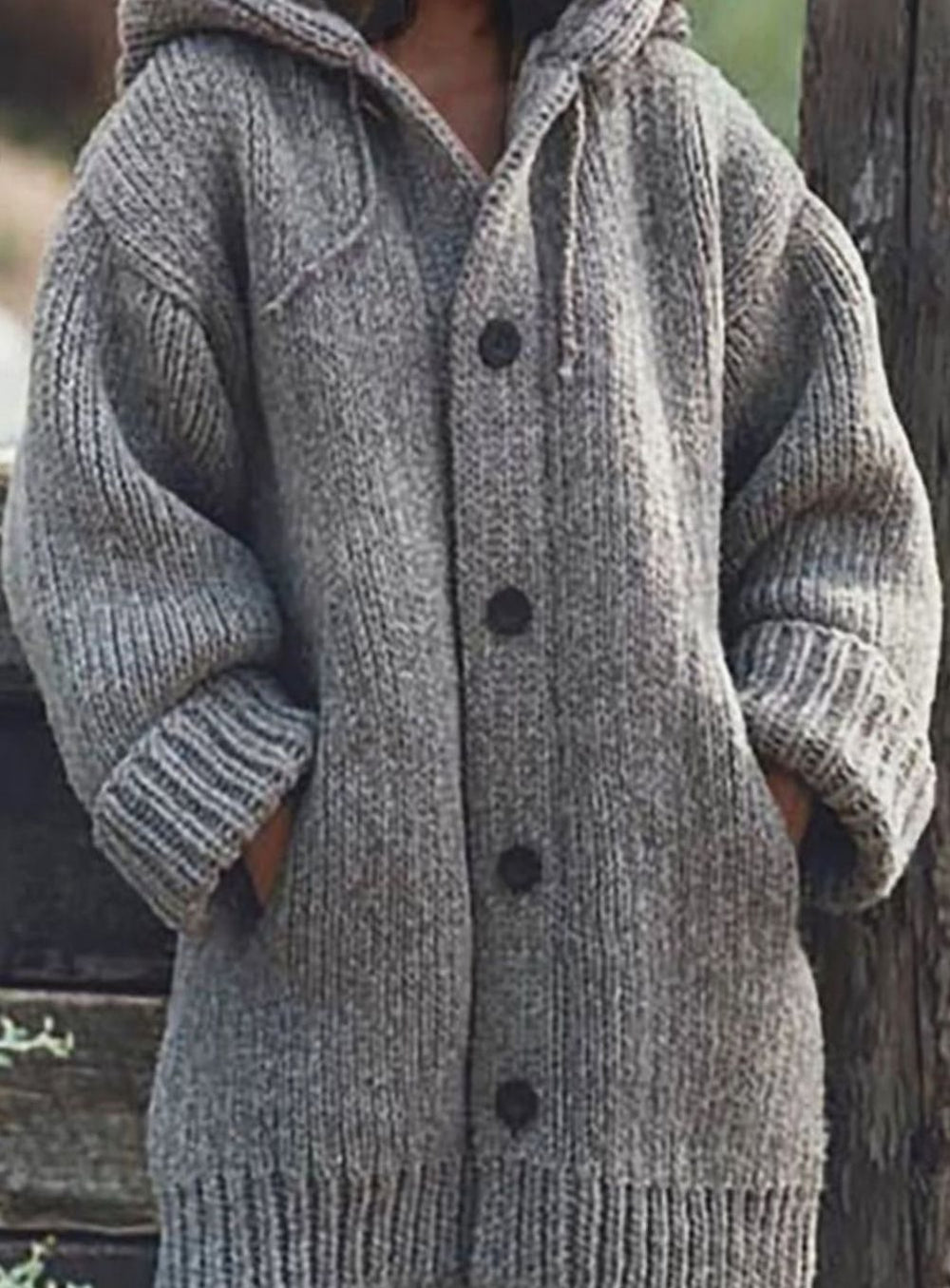 Women's Hooded Chunky Knit Cardigan for Christmas in Grey