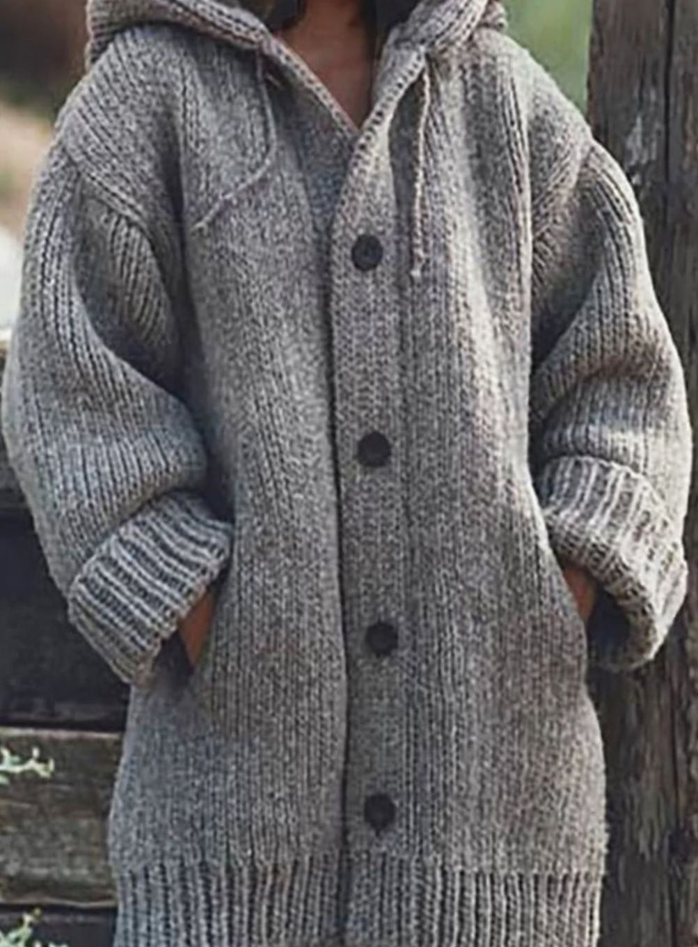 Women's Hooded Chunky Knit Cardigan for Christmas in Grey