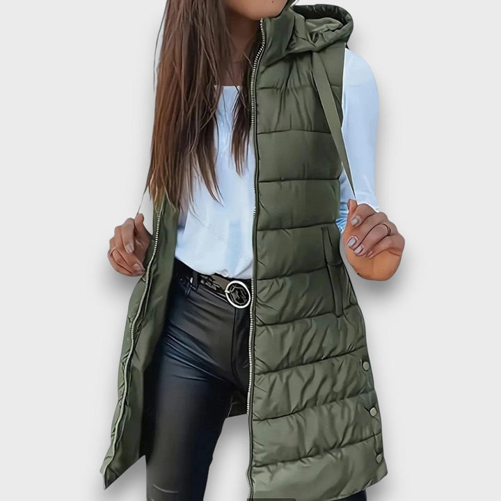 Women's Hooded Long-Line Quilted Vest in Armeegrün