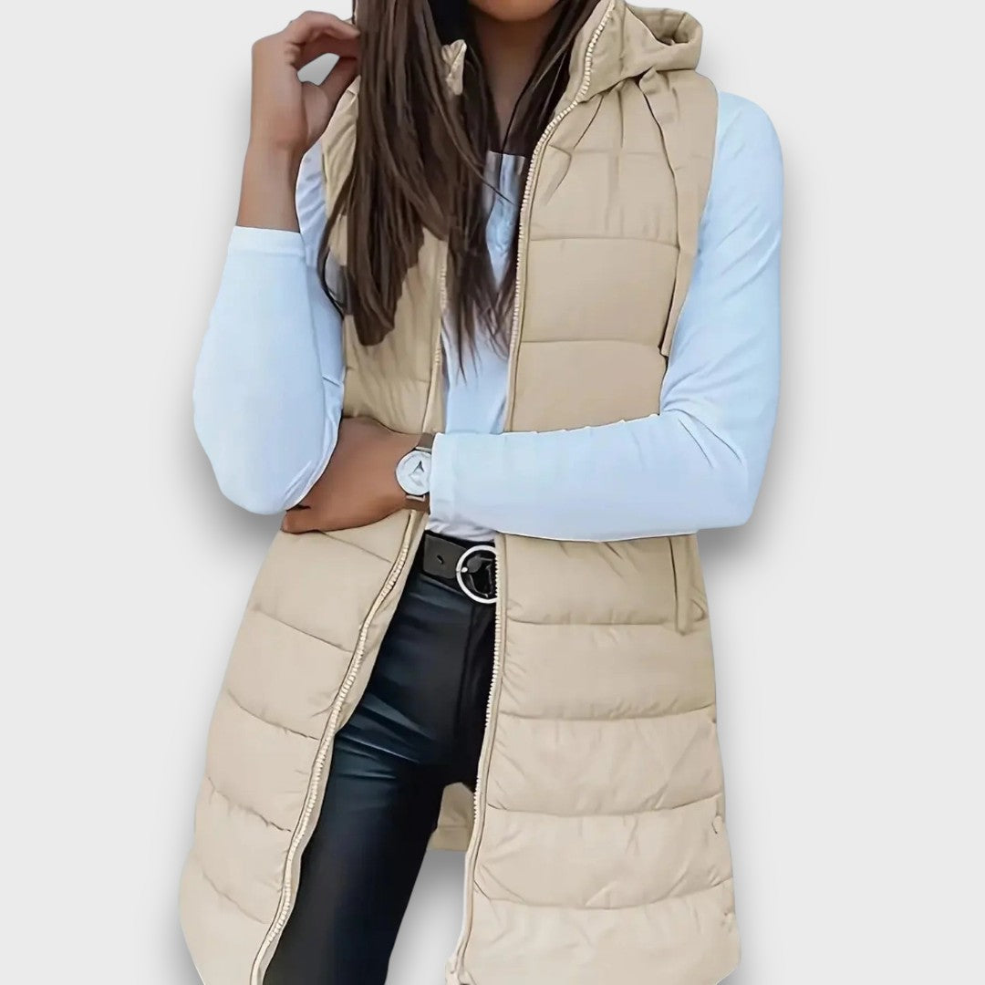 Women's Hooded Long-Line Quilted Vest in Beige
