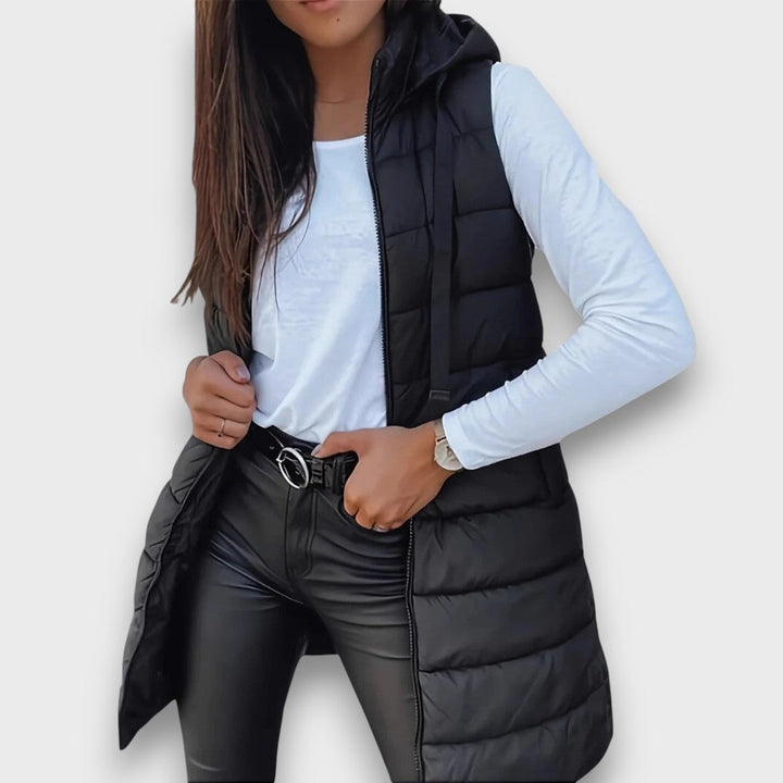 Women's Hooded Long-Line Quilted Vest in Black