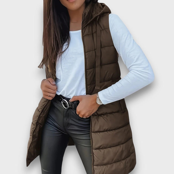 Women's Hooded Long-Line Quilted Vest in Brown