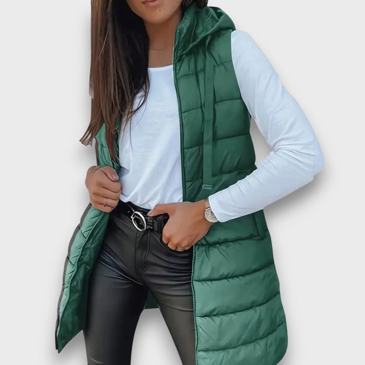 Women's Hooded Long-Line Quilted Vest in Green