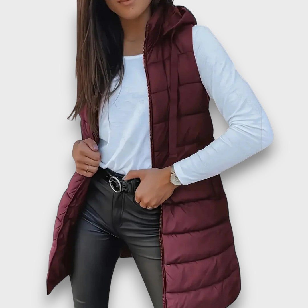 Women's Hooded Long-Line Quilted Vest in Kastanienbraun