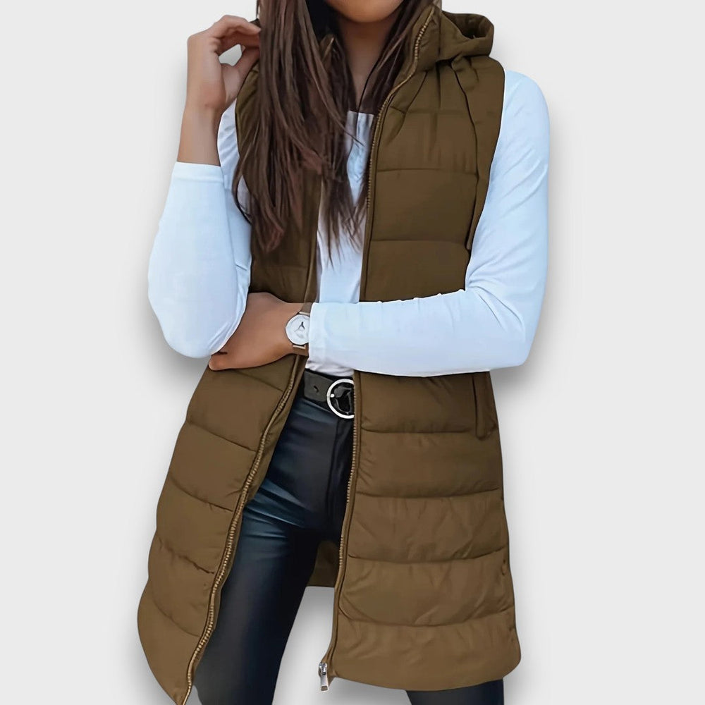 Women's Hooded Long-Line Quilted Vest in Khaki