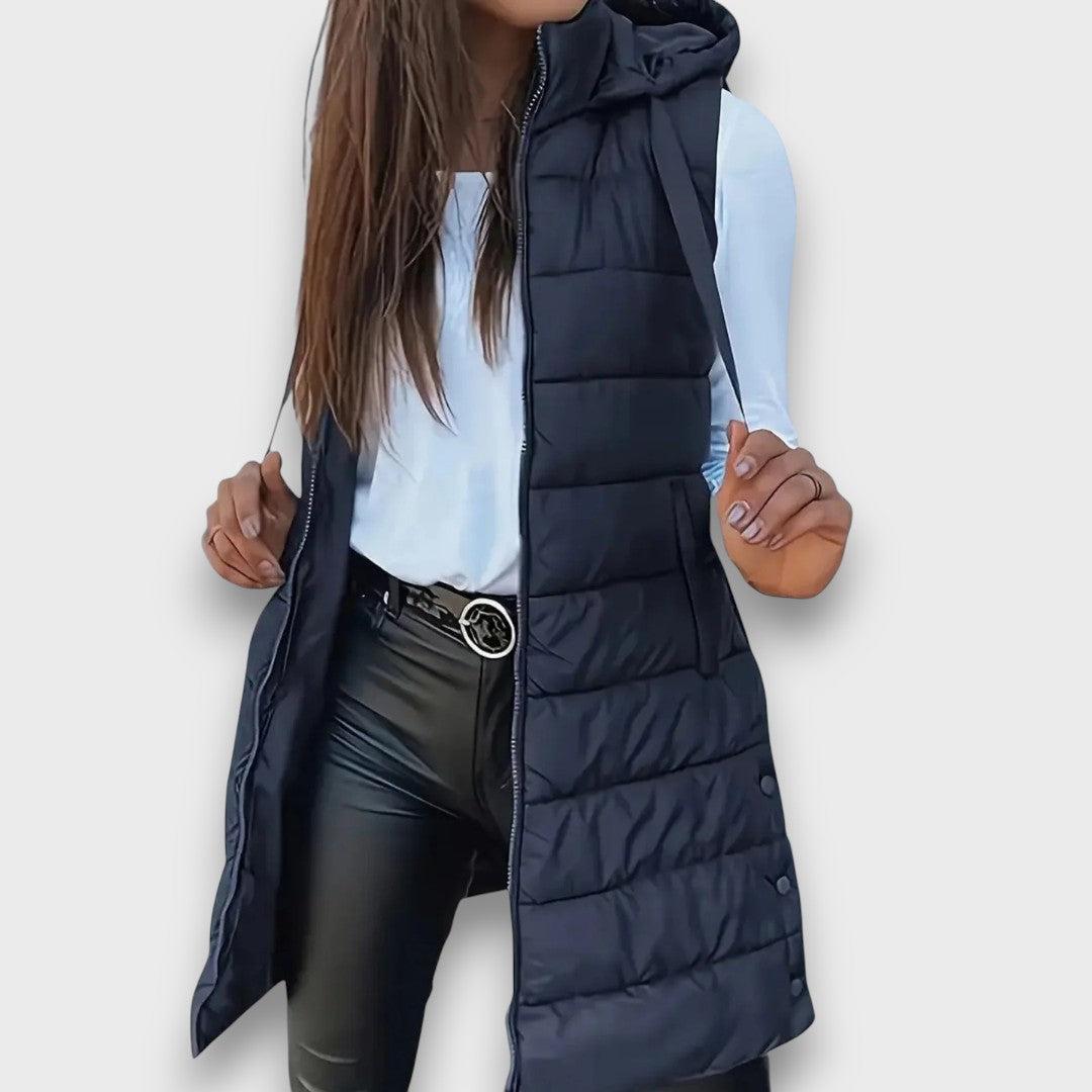 Women's Hooded Long-Line Quilted Vest in Navy