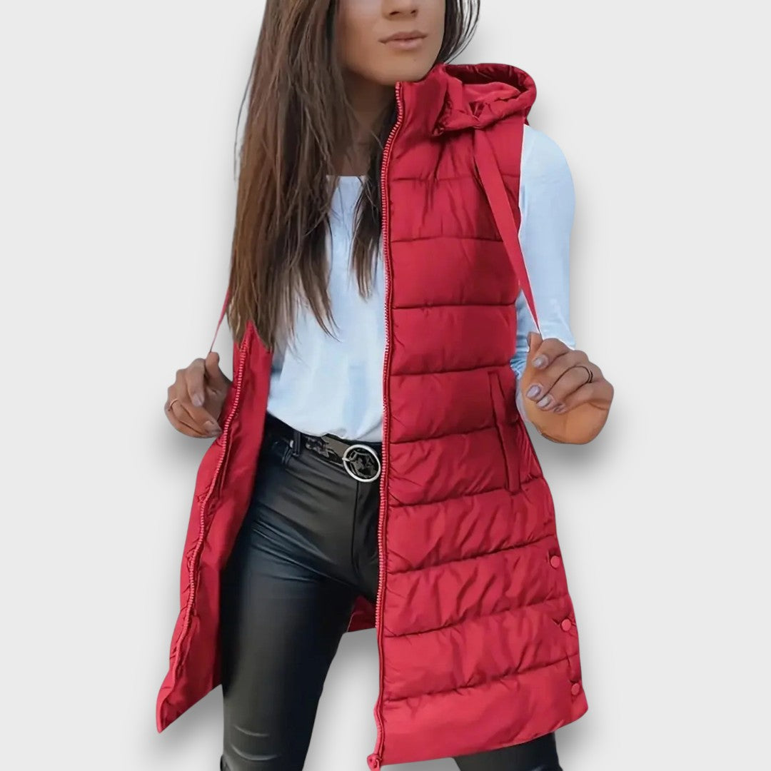Women's Hooded Long-Line Quilted Vest in Red