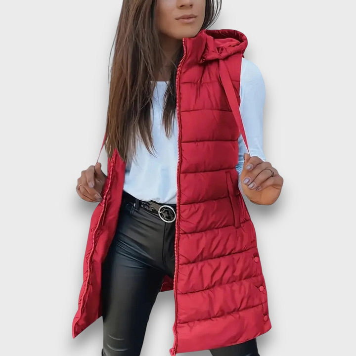 Women's Hooded Long-Line Quilted Vest in Red