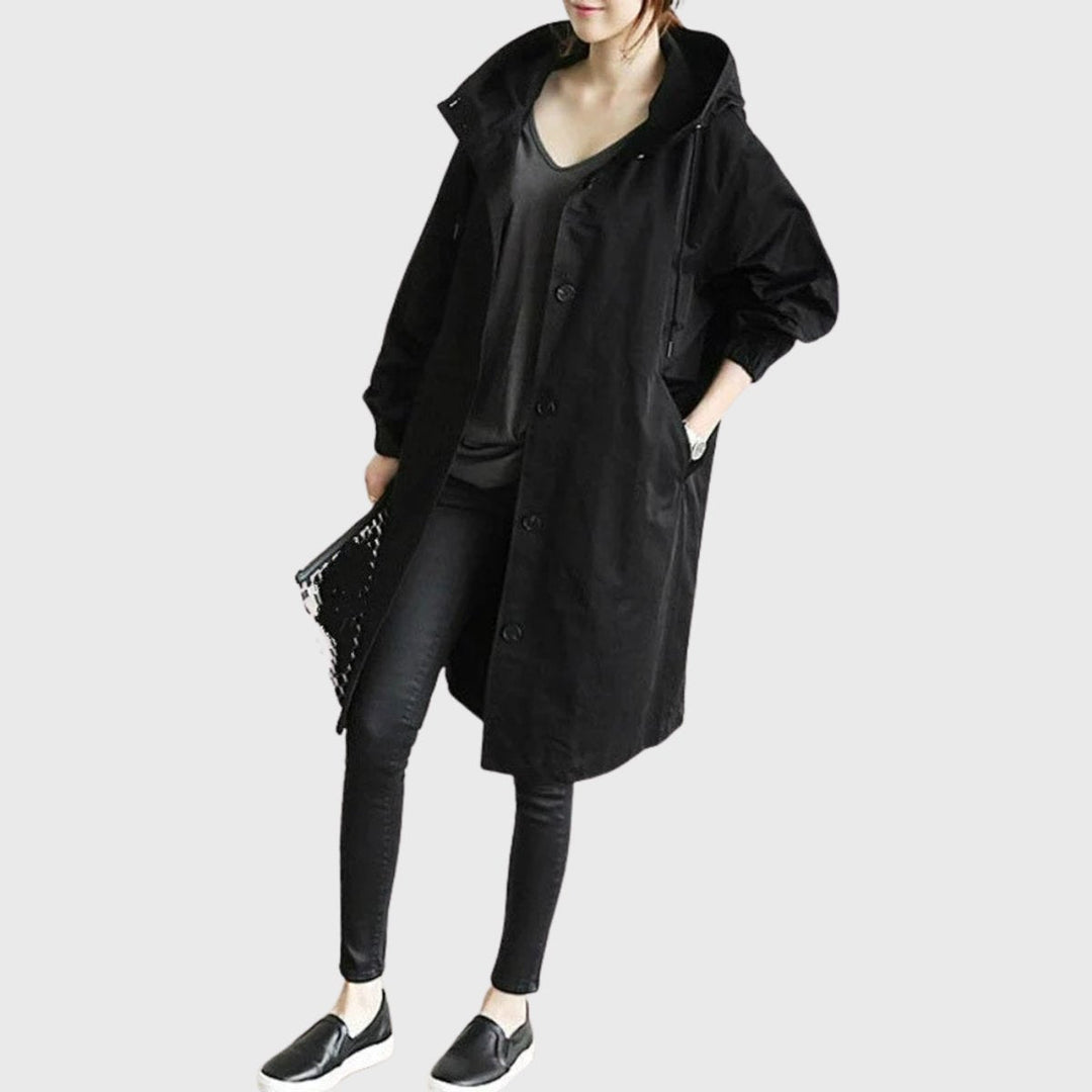 Women's Hooded Oversized Long Trenchcoat in Black