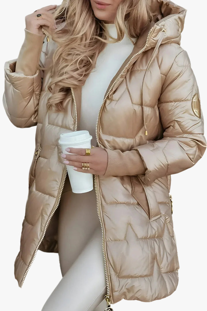 Women's Hooded Quilted Puffer Jacket for Autumn in Beige