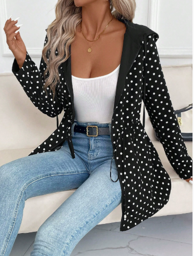 Women's Hooded Reversible Trench Coat in Black with Polka Dots