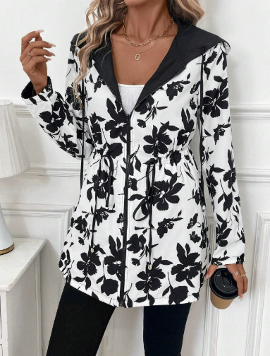 Women's Hooded Reversible Trench Coat in White with Floral