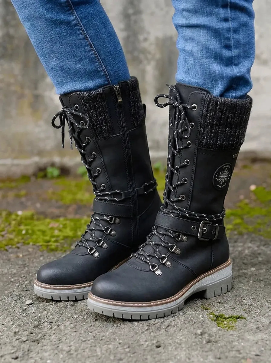 Women's Insulated Calf Autumn Boots, Lace-Up in Black