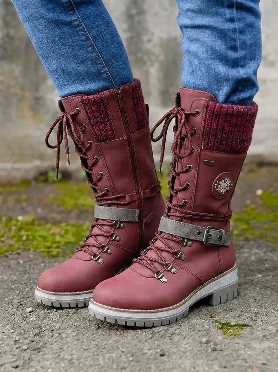 Women's Insulated Calf Autumn Boots, Lace-Up in Red