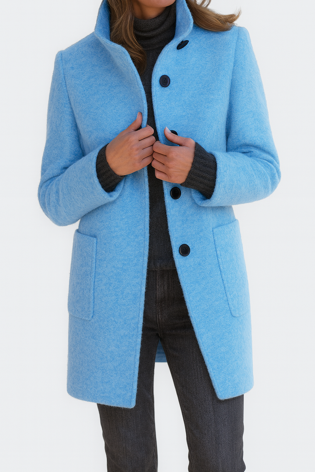 Women's Jacket Knee-Length Blend for Work Commuting in Light Blue